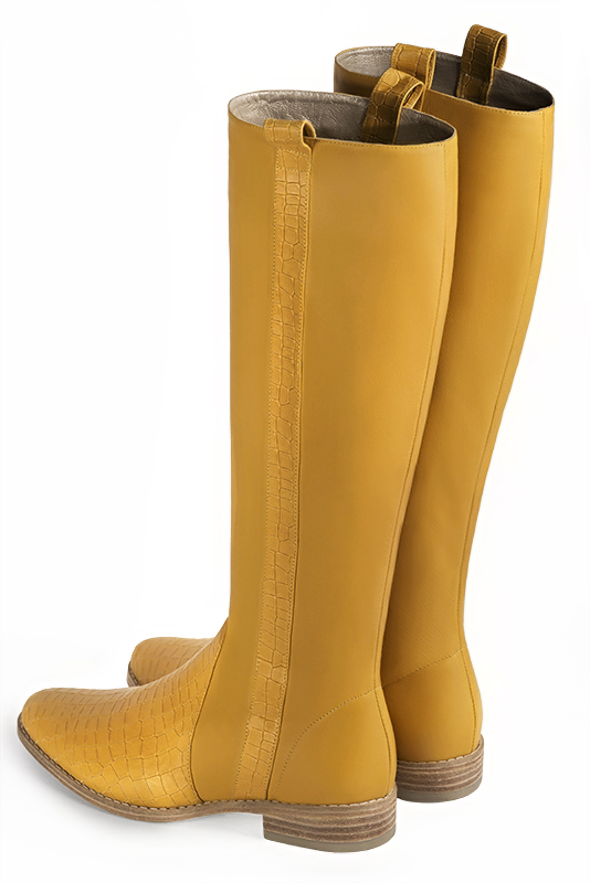 Mustard yellow women's riding knee-high boots. Round toe. Flat leather soles. Made to measure. Rear view - Florence KOOIJMAN